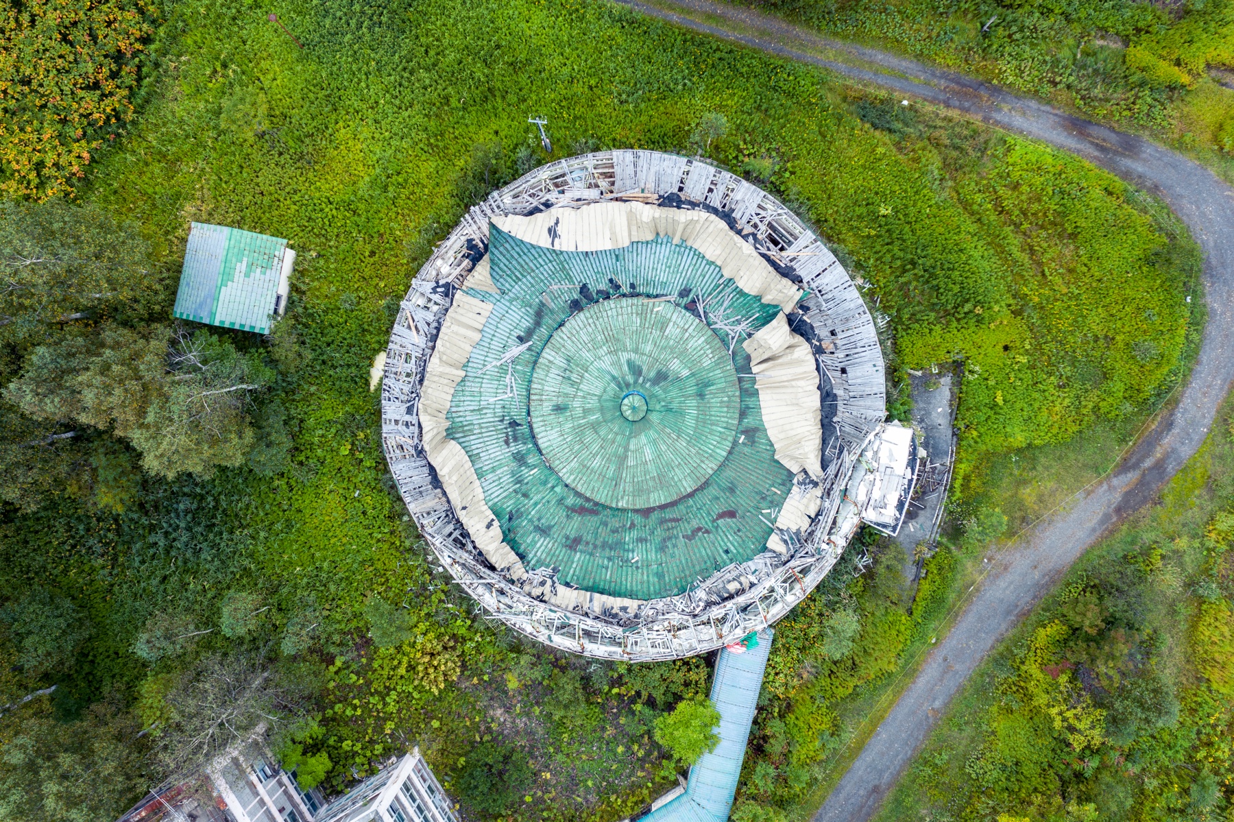 abandoned, aerial, dome, drone, haikyo, japan, japanese, ruin, school, urban exploration, urbex