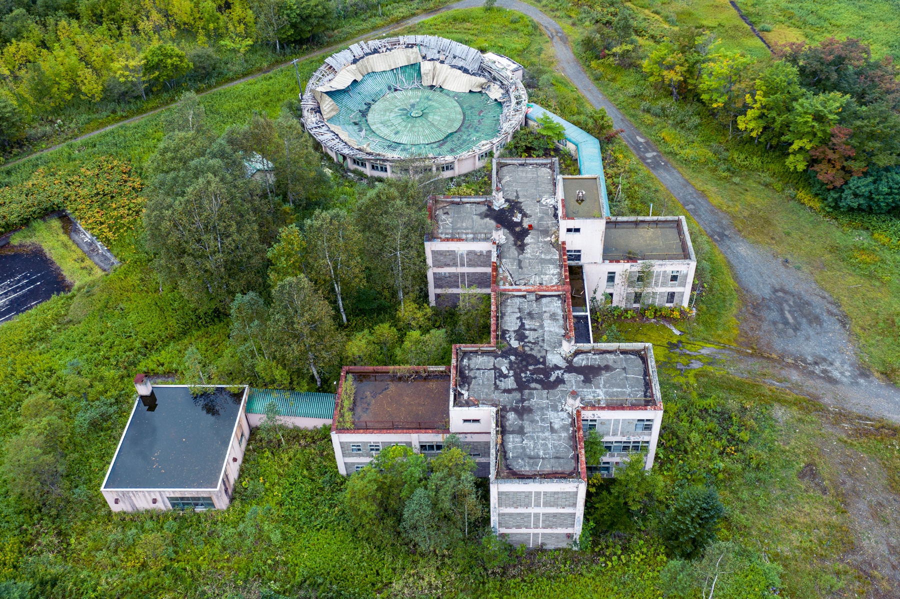 abandoned, aerial, dome, drone, haikyo, japan, japanese, ruin, school, urban exploration, urbex